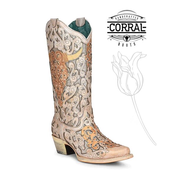 Corral A4408 Ladies Bull Skull Embroidery And Glitter Inlay Boots